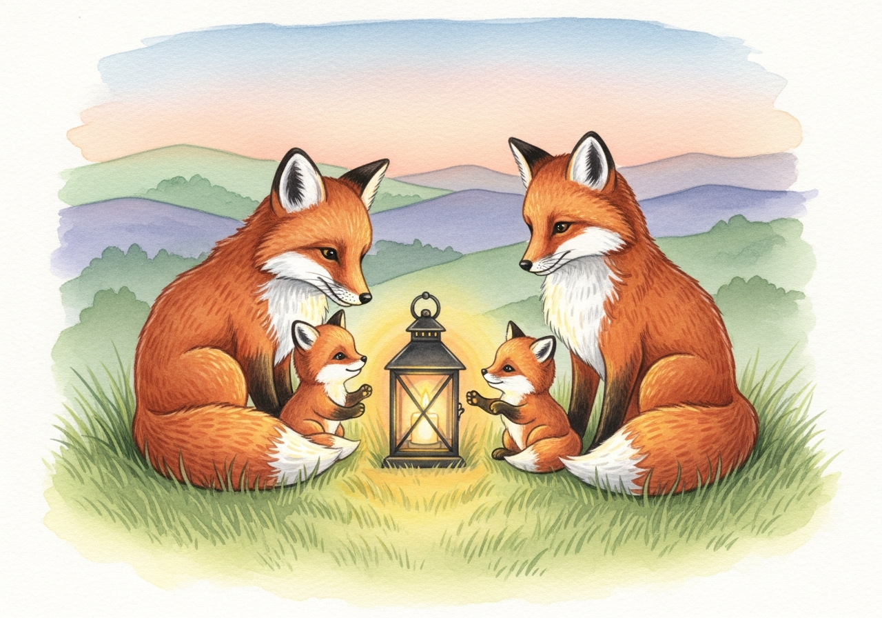 Fox family gathered around a glowing lantern
