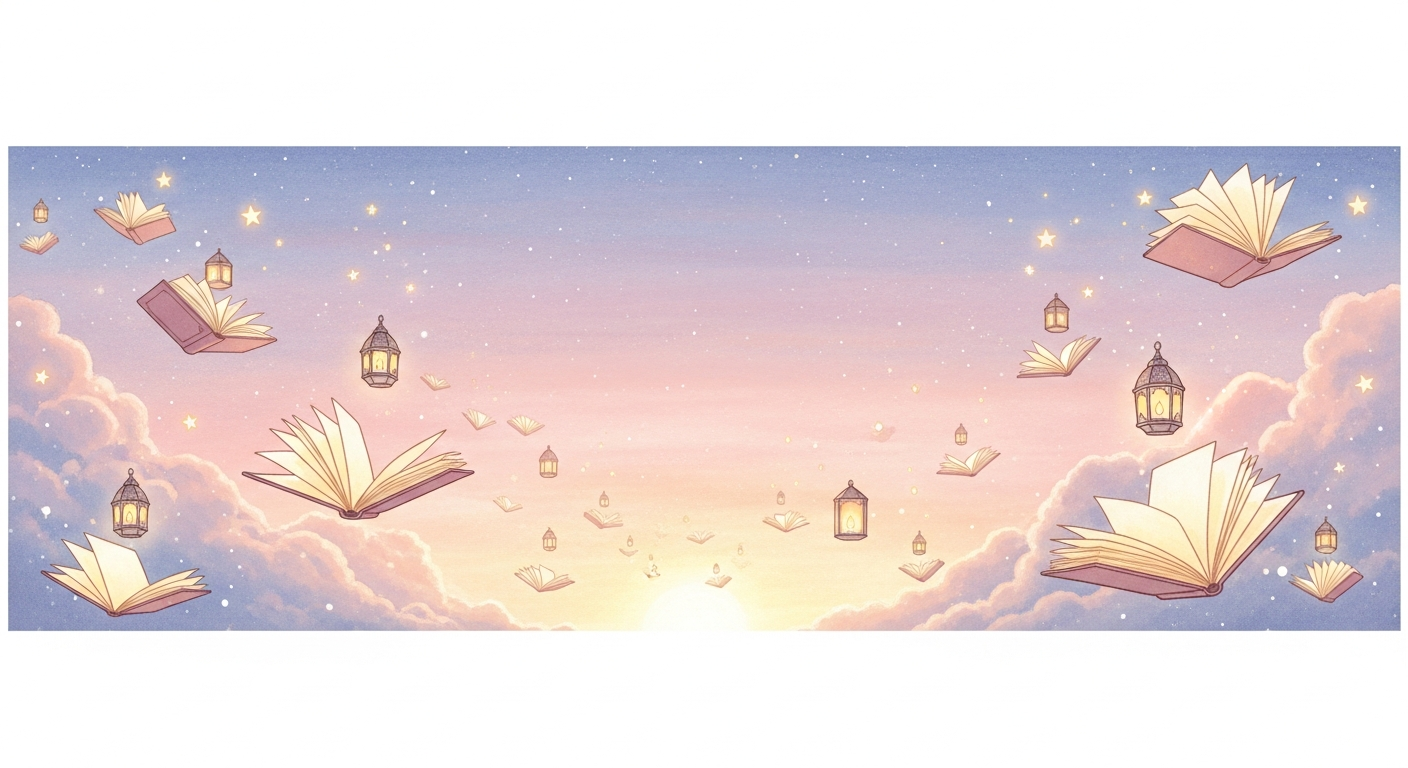 Dawn sky with floating books and lanterns
