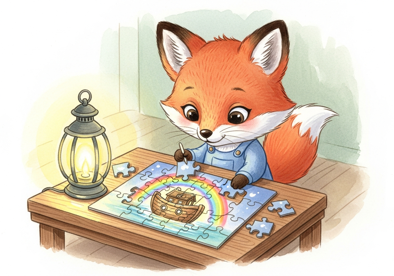 Fox assembling a Bible story puzzle